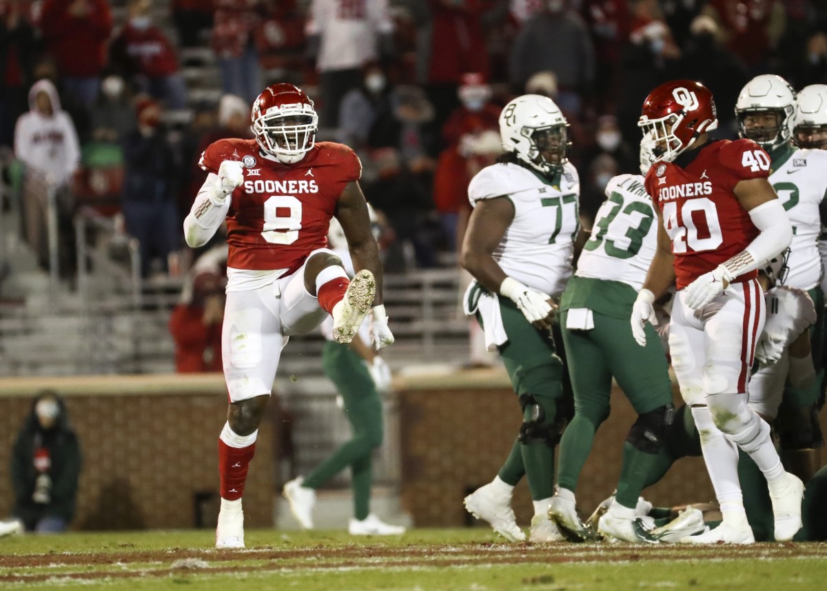 Dec 5, 2020; Norman, Oklahoma, USA; Oklahoma Sooners defensive lineman Perrion Winfrey (8) reacts during the second half against the Baylor Bears at Gaylord Family-Oklahoma Memorial Stadium.